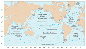 There are five major ocean gyres. Scientists have found large concentrations of plastic in the North Pacific and North Atlantic gyres. The remaining three gyres have yet to be scientifically studied. Credit: ©2005 American Meteorological Society