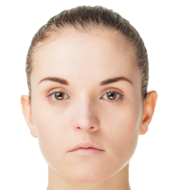 a photo of a young white woman. Her brown hair is pulled back, she has clear skin, brown eyes and symmetrical facial features.