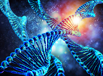 a computer illustration of bllue helix DNA models