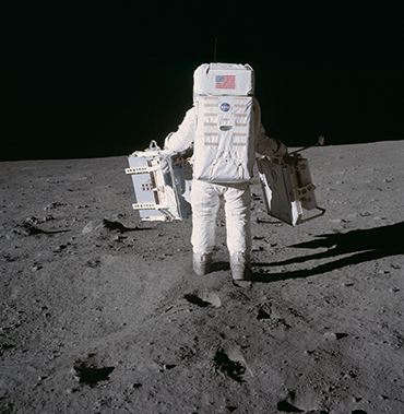 Edwin E. Aldrin Jr. wearing a spacesuit while on the moon