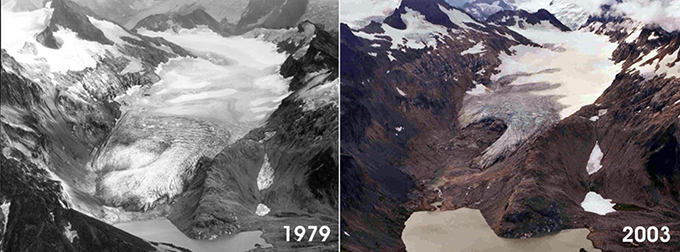 two aerial photos of the South Cascade glacier showing how much the glacier shrank from 1979 to 2003