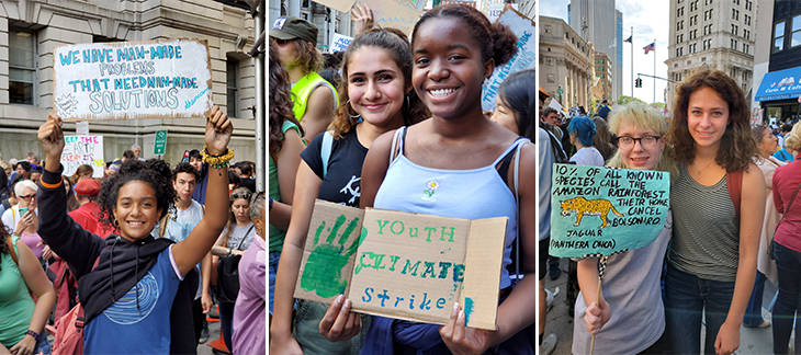 A composite photo of several student strikers in New York City, and their signs. One sign reads "We have man-made problems that need man-made solutions." Another reads "Youth Climate Strike" with a large green paint handprint. 