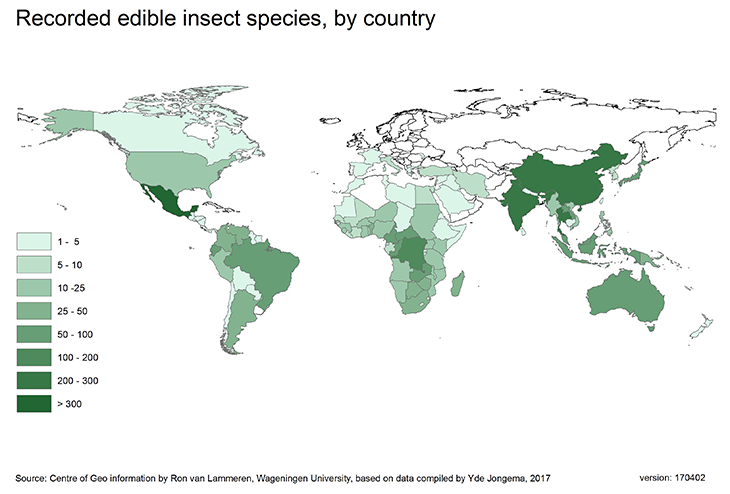 a map showing where people eat insects across the globe