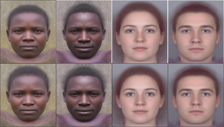 a composite image showing averaged faces of Hadza and European women and men