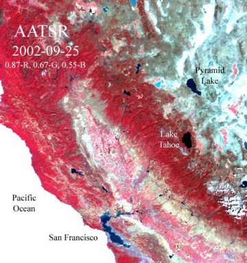 This is an Advanced Along-Track Scanning Radiometer (AATSR) image of the Lake Tahoe region, acquired September 25, 2002. It’s the type of satellite data used to compute lake surface temperatures.