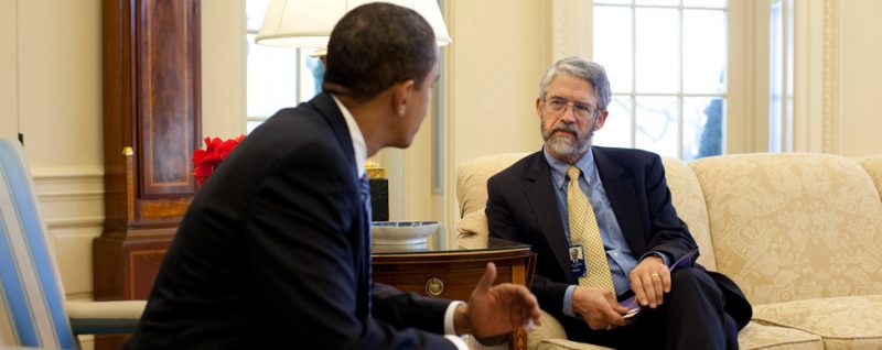 John Holdren shares his insights into science with President Barack Obama as his science advisor. Credit: Pete Souza