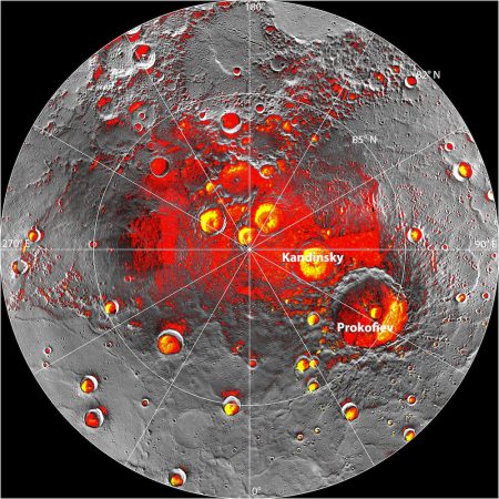 This image of Mercury’s north pole region shows areas in shadow (red) according to new MESSENGER data and the location of bright spots (yellow) that are likely exposed ice deposits.Credit: NASA/Johns Hopkins University Applied Physics Laboratory/Carnegie Institution of Washington/National Astronomy and Ionosphere Center, Arecibo Observatory