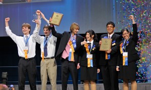 Intel ISEF winners. From left to right: Matthew Feddersen, 17, and Blake Marggraff, 18, took top honors and $75,000 with the Gordon E. Moore Award; Taylor Wilson, 17, garnered a Young Scientist Award and $50,000; and Tanpitcha Phongchaipaiboon, 17, Pornwasu Pongtheerawan, 16, and Arada Sungkanit, 17, also received a Young Scientist Award and $50,000.