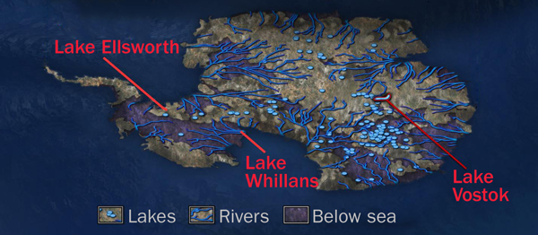 This map of Antarctica shows a network of lakes (light blue dots) and rivers (dark blue lines) that hide beneath hundreds of meters of ice. Three research teams have attempted to drill down and sample water from three of these lakes: Vostok, Whillans and Ellsworth. Credit: WISSARD/NSF