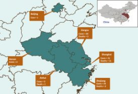 Map showing provinces in eastern China where early cases of the new bird flu emerged in February through April 15, 2013. Credit: World Health Organization/ Western Pacific Regional Office