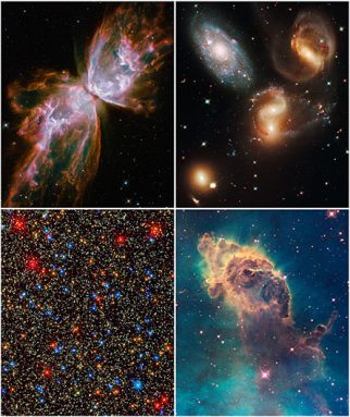 These new images of distant galaxies come from the newly installed Wide Field Camera 3 on the Hubble Space Telescope. Clockwise from top left: NGC 6302, a butterfly-shaped nebula surrounding a dying star; a group of galaxies called Stephan's Quintet; a st