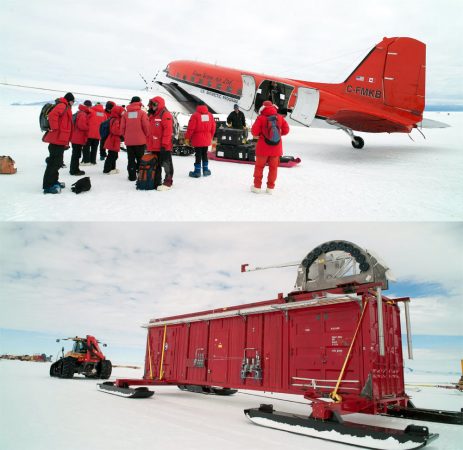 This military cargo plane — an LC-130 Hercules, or “Herc” — flew some of the people and equipment out to Lake Whillans. The underground lake lies 1,000 kilometers inland from a base on the coast of Antarctica. (bottom) Over 450,000 kilograms (1 million pounds) of drilling machinery, fuel and scientific gear was towed on the ground to the lake site on massive metal sleds. This 1,000-kilometer (600 mile) “traverse” took two weeks. The sled seen here holds part of the drill. Credit: © JT Thomas