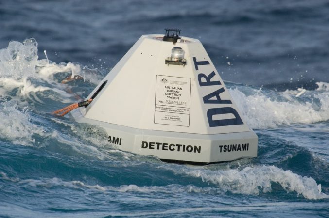 This buoy is part of the Deep-ocean Assessment and Reporting of Tsunami system. After an undersea earthquake strikes, buoys like this one record and transmit measurements of any tsunami waves. Credit: NOAA