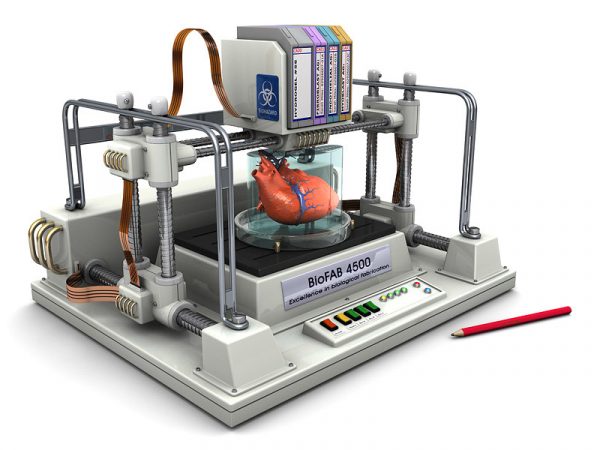 In this illustration, a 3-D bioprinter prints a new heart. The cartridges include the different types of cells needed to build the organ. Credit: Christopher Barnatt