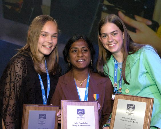 Meredith MacGregor, at right, celebrates alongside two other award-winning young scientists at the 2006 Intel International Science and Engineering Fair. Meredith won a $50,000 scholarship for her research. Credit: Intel Corp