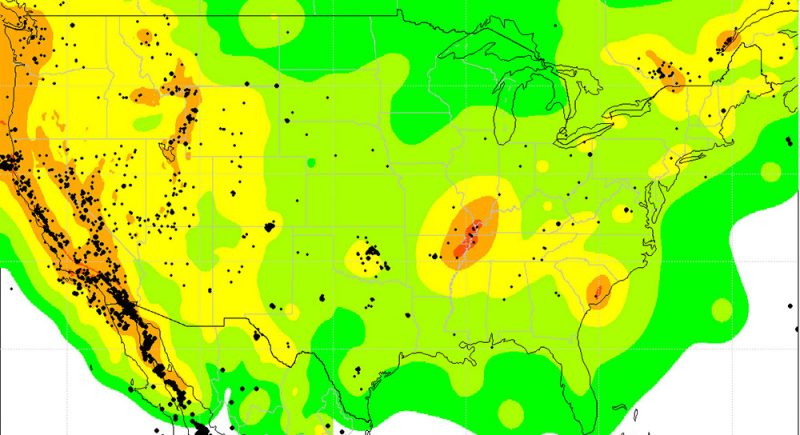 Red and orange areas in this U.S. map show places with the highest risk from naturally occurring earthquakes. The black dots on the map show where earthquakes struck between 2009 and 2012. Green and yellow areas have a lower risk from quakes. Credit: Science/AAAS