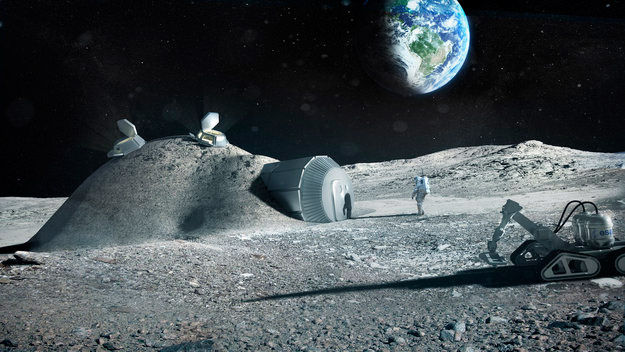 Space agencies in the United States and Europe say 3-D printing may be used to build a base on the moon. This illustration shows what such a base might look like. Credit: ESA