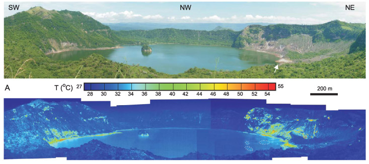 Taal volcano and its crater lake seen in visible light (top panoramic) and in false color revealed by a thermal imaging camera (bottom panoramic). Some of the thermal hot spots (shades of green through red) correspond to exposed rock and sand, which typically heat up more quickly in the sun than plants do. But some of the hot spots along the lakeshore point to the lake’s hot springs. Credit: Cardenas et al., Geophysical Research Letters, 2012