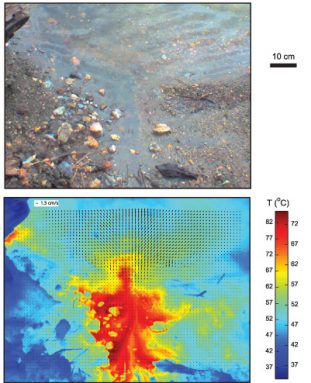 Water flowing from one of Taal volcano’s hot springs is seen in visible light (top) and by thermal imaging (bottom). Colors represent water temperature, which ranges from cool (blue, approximately 37° Celsius, or 99° Fahrenheit) to hot (dark red, about 82° C, or 180° F). Credit: Cardenas et al., Geophysical Research Letters, 2012