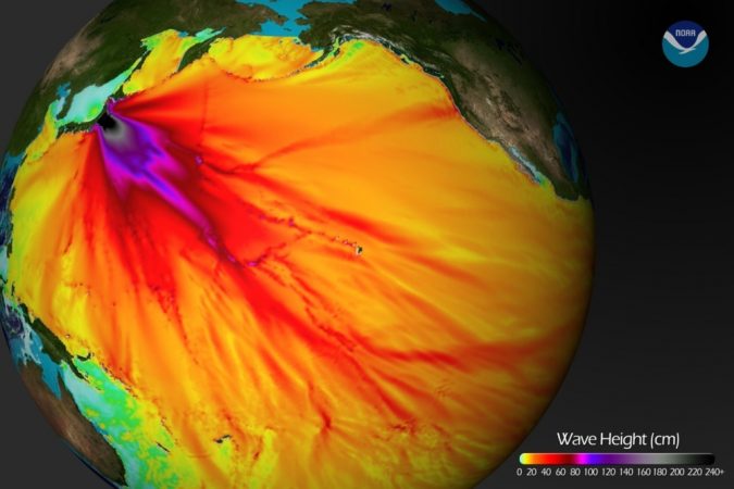 The tsunami that hit Japan in March 2011 sent powerful waves racing south and east across the Pacific Ocean too. Here, large waves (more than 2.4 meters, or 8 feet, tall) appear in black. Waves more than 30 centimeters, or 12 inches, tall appear in red. Those waves crossed the entire Pacific. Credit: NOAA