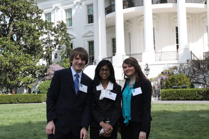 Jack Andraka, Jessika Baral and Sara Volz (left to right) were three of the 14 alumni from SSP science competitions invited to attend the third White House Science Fair on April 22. Credit: SSP