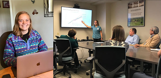 on the left Lillian Petersen at her computer, on the right presenting at the USDA