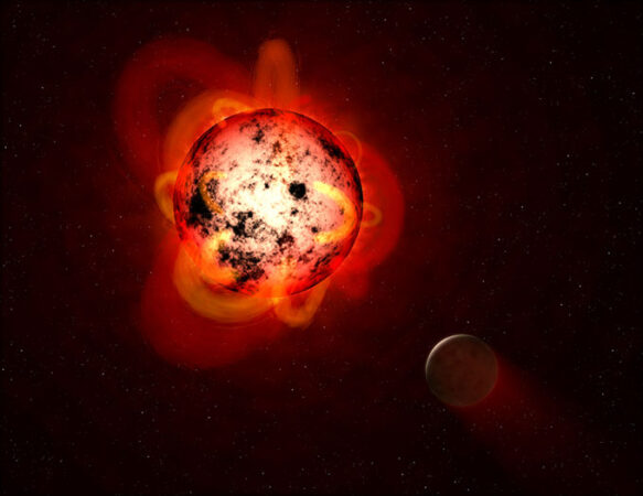 an illustration of a red dwarf and a planet