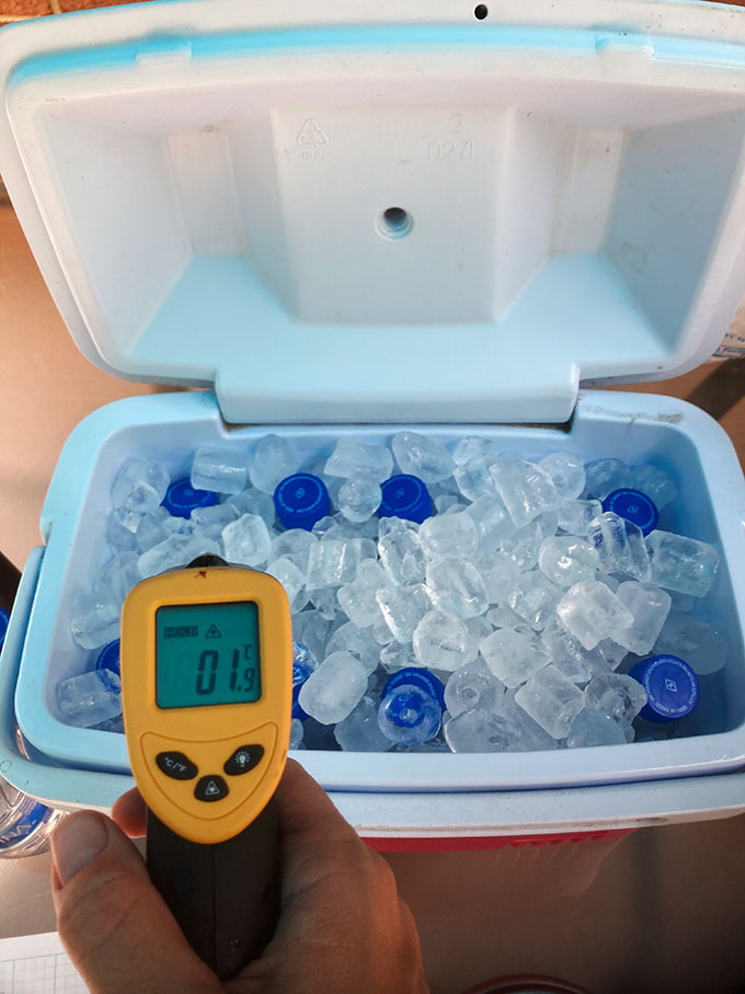 a photo of water bottles cooling in an ice-filled cooler and a temperature reading of 1.9 Farenheit