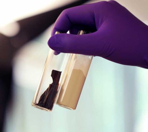 a purple cloved hand holding a vial of plastic powder and a vial of epoxy plastic