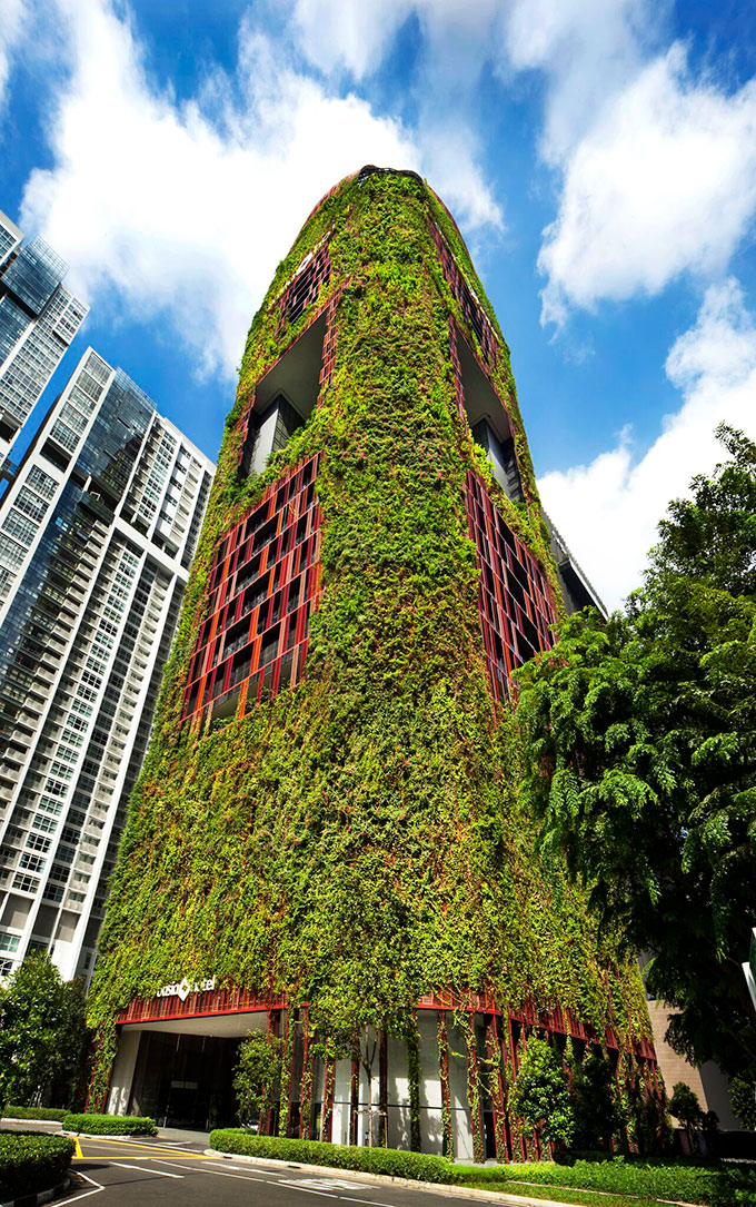 a photo of the plant covered exterior of the Oasia Hotel