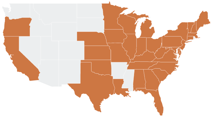 a map showing where Asian jumping worms can be found in the US