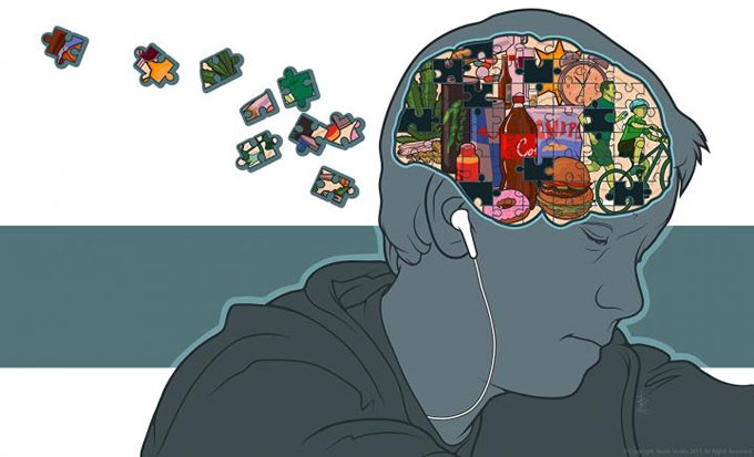 an illustration showing junk food in a kid's brain