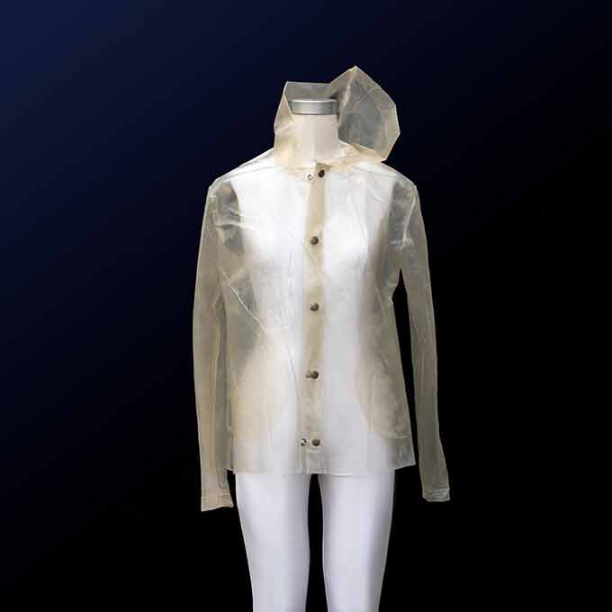 a picture of a clear raincoat made from algae-based fabric