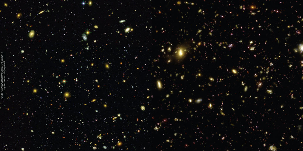 an image from the Hubble Space telescope next to a simulated image of galaxies