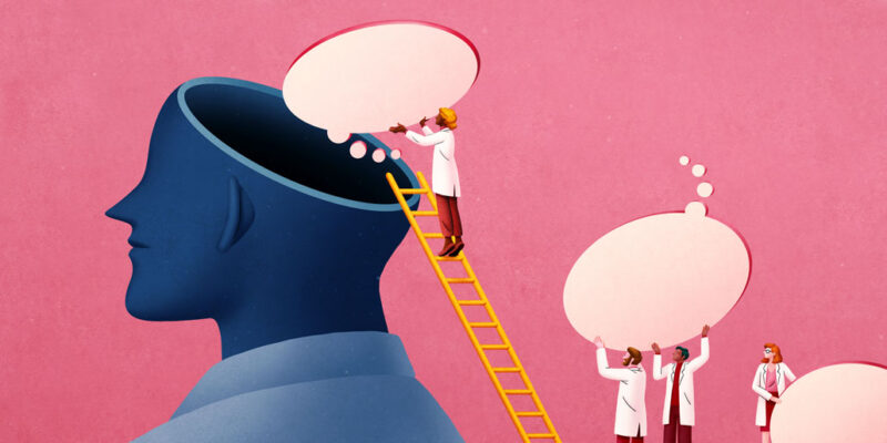 illustration of scientists on a ladder removing thought bubbles from a brain