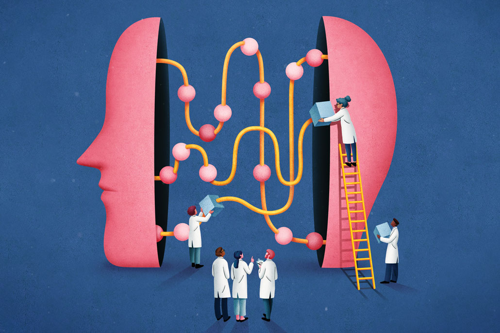 illustrazione di scienziati che osservano l'interno di un cervello