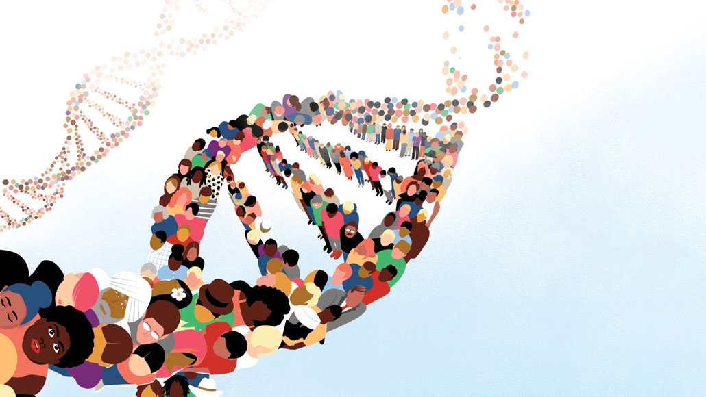 illustration of a DNA strand made of people