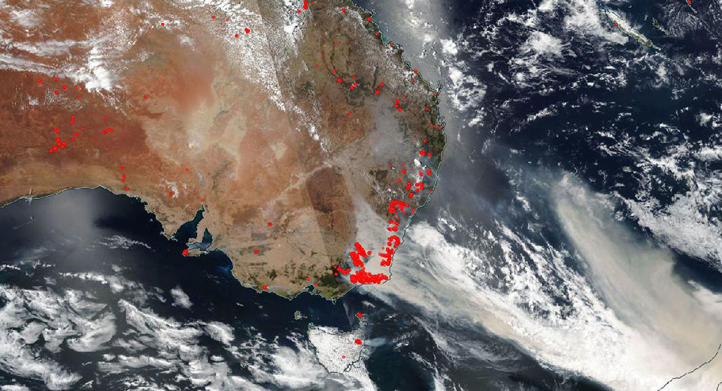 a satellite image of wildfire smoke from Australia streaming across the Pacific Ocean