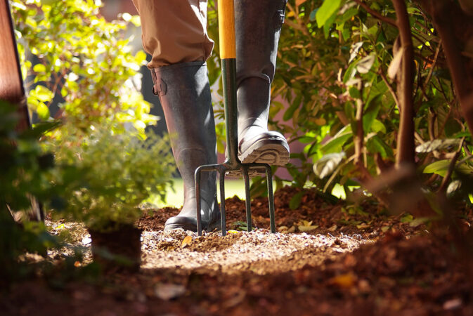 a photo of a foot pushing a garden rake into garden soil