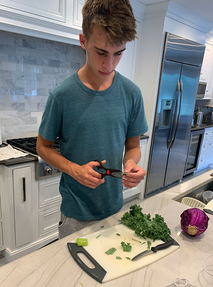 Jared Ilan chopping vegetables in a kitchen