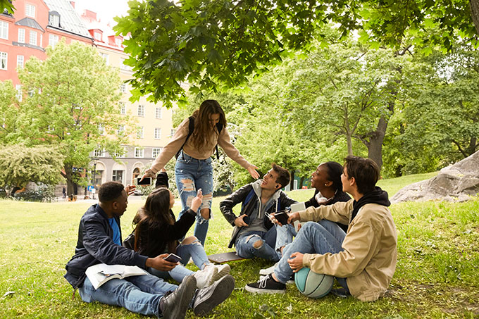a group of kids sitting under a tree in an urban park