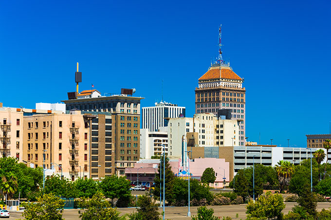 a photo of Fresno, CA under a very blue sky