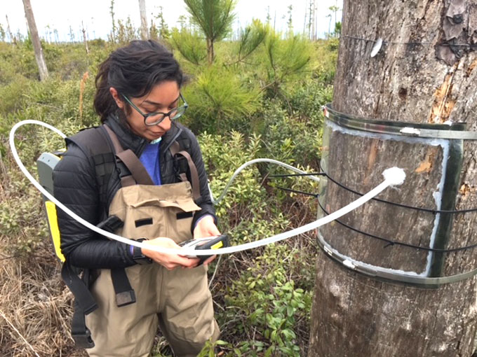 a woman wearing waders and a backpack-type device