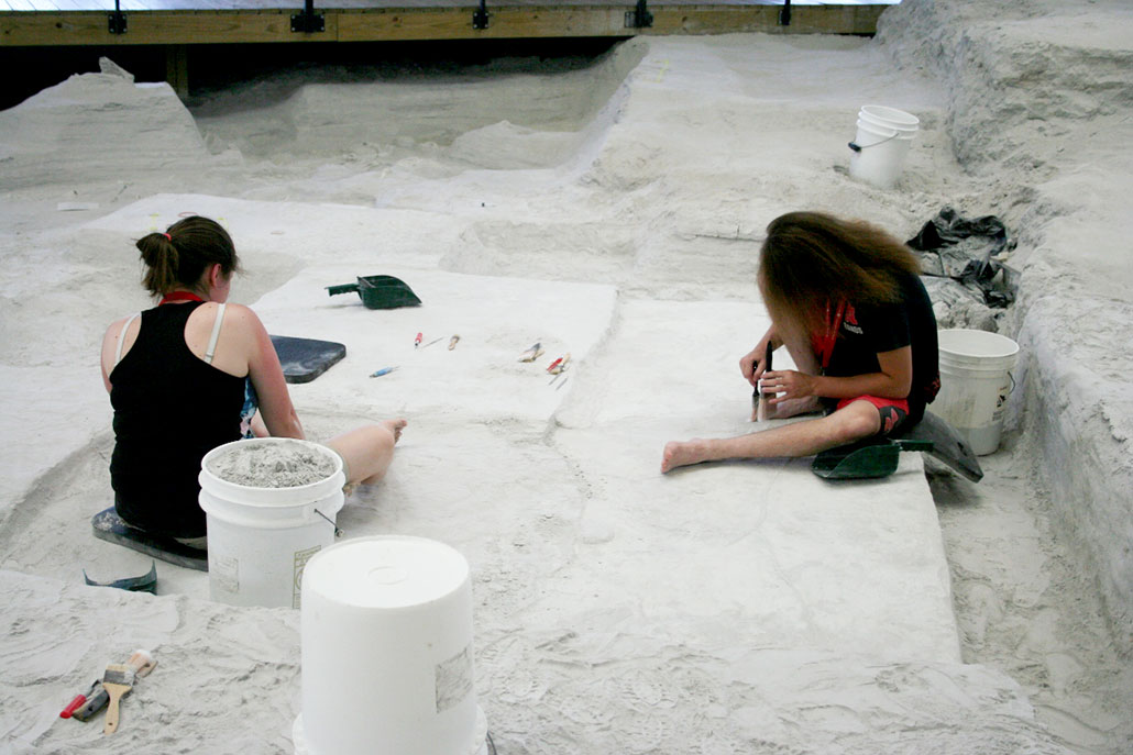 two interns brushing ash from algae fossils