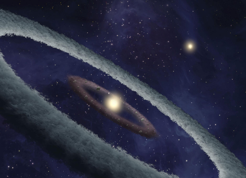 an illustration of a binary star planet surrounded by a brown ring of pebbles