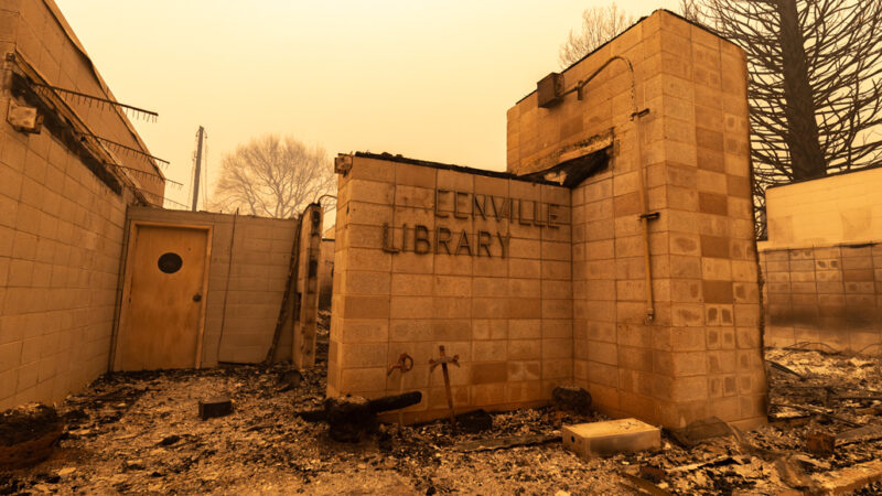 burned library building in Greenville, California