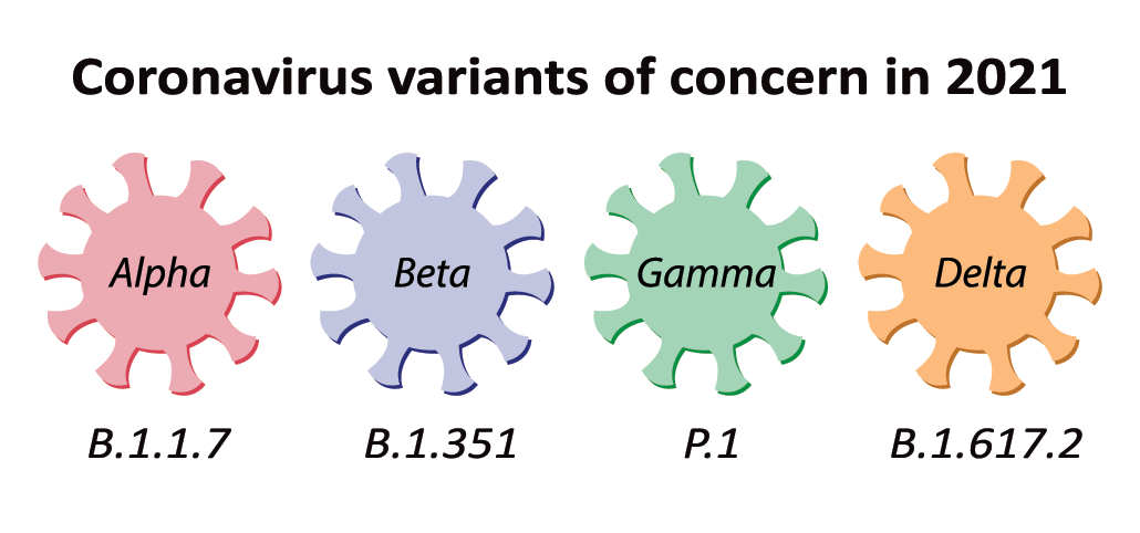 an illustration representing the Alpha, Beta, Gamma and Delta variants of coronavirus