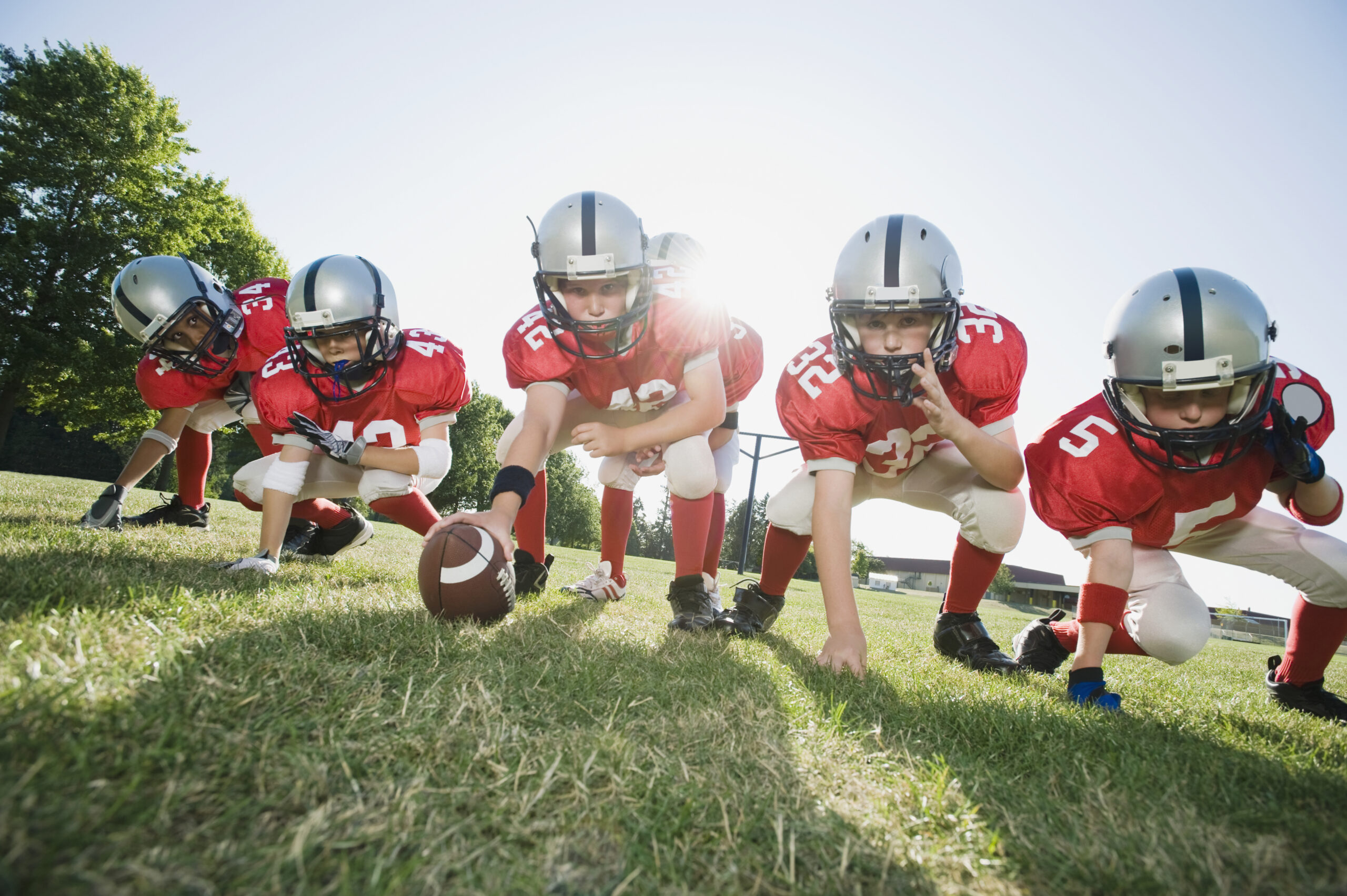 a team of football players lines up to start a play