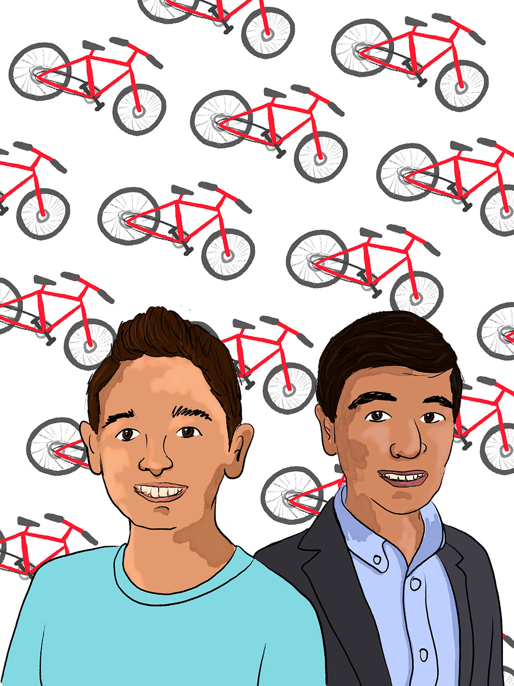 an illustration of two twelve year old boys against a white background with red and black bicycles