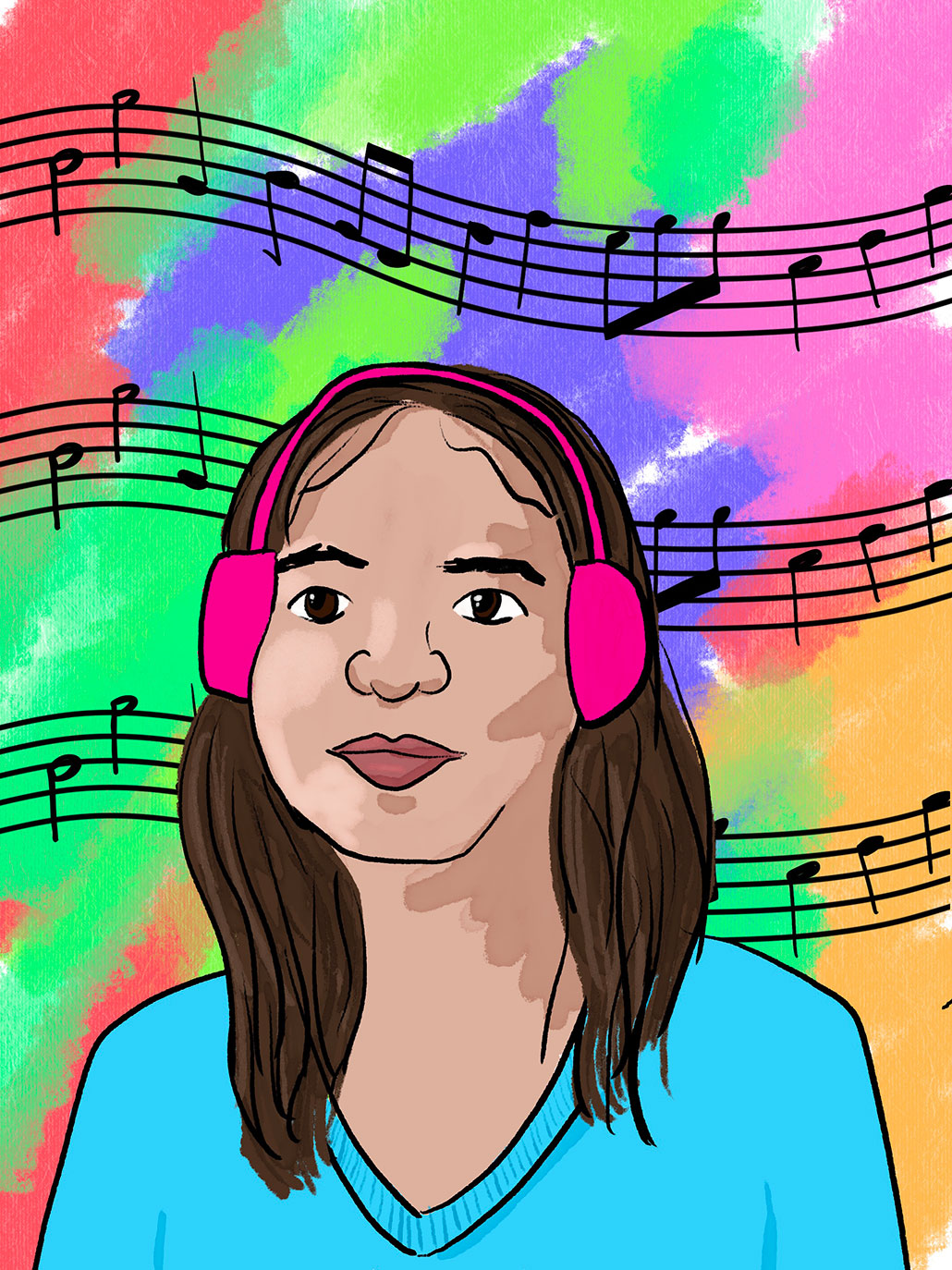 an illustration of a young woman with shoulder length brown hair wearing pink headphones. Behind her is a multicolored backgroup with musical score 